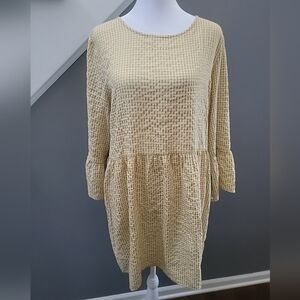 Lumière Yellow Mustard Gold Gingham Mini Dress Roomy Bell Sleeves Boho Large